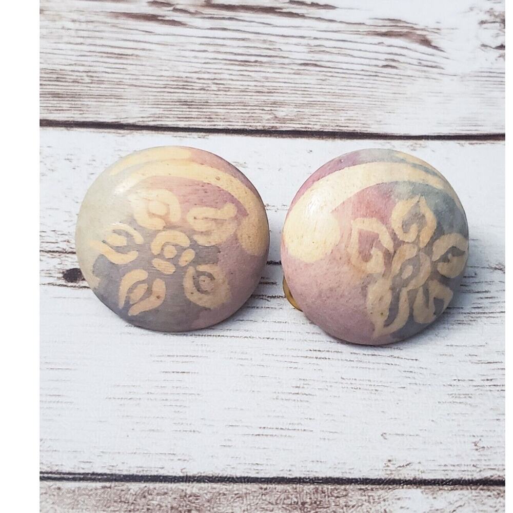 Vintage Clip On Earrings - Pastel Colors Circle with Flower Design Large